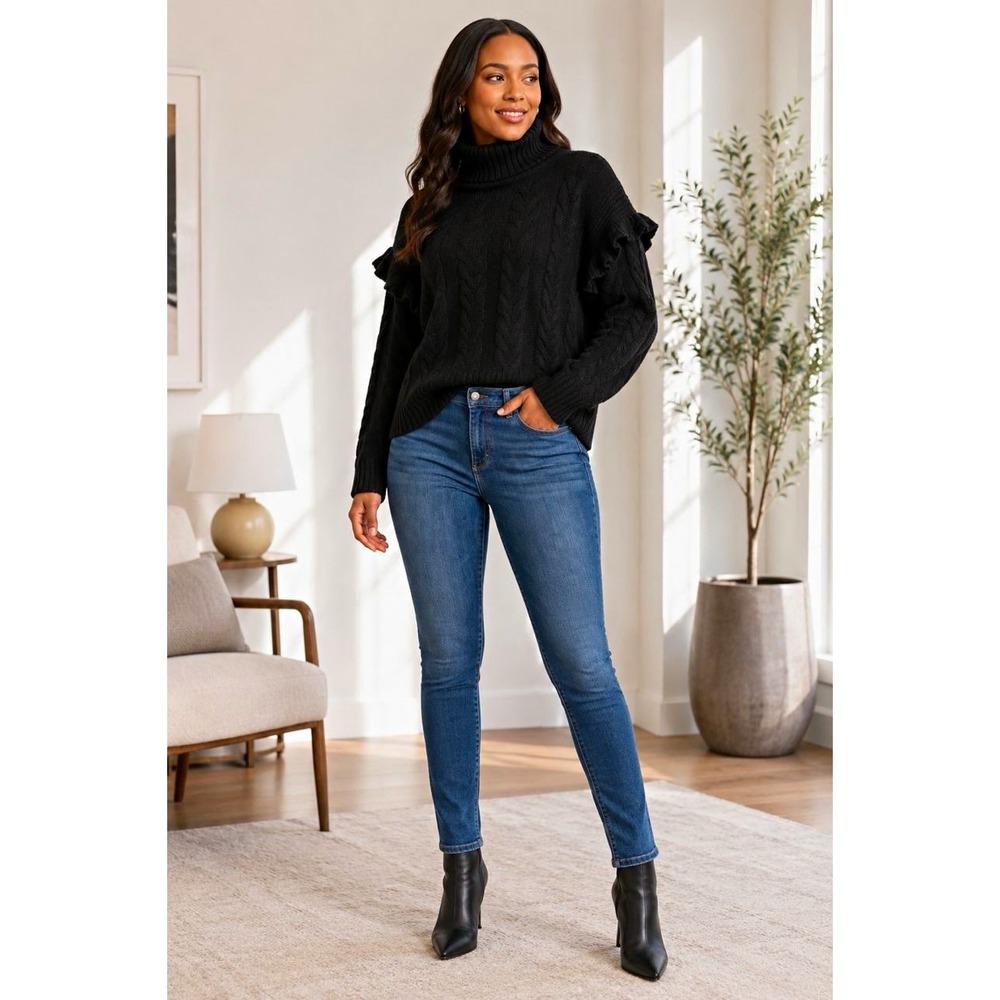 Joe's Jeans Women's Black Cable Knit Turtleneck Ruffle Shoulder Pullover M